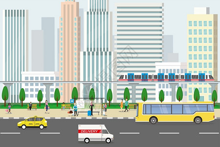 汽车终端不同的人城市生活公路共交通概念图插画
