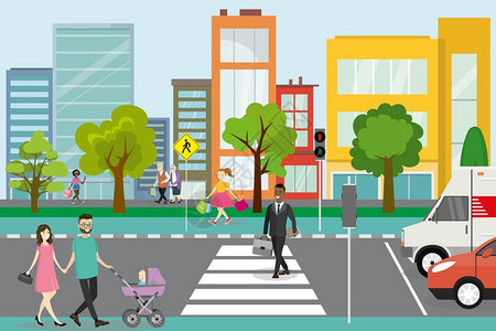公众行人路道路交通城市生活概念户外平面矢量图插画