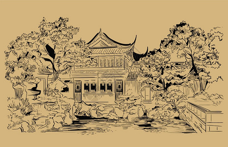 矢量绘制房子手绘上海古风建筑设计图片