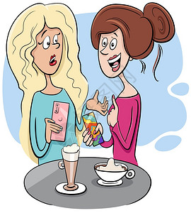 卡通插图两个在咖啡馆闲谈女人的卡通插图插画