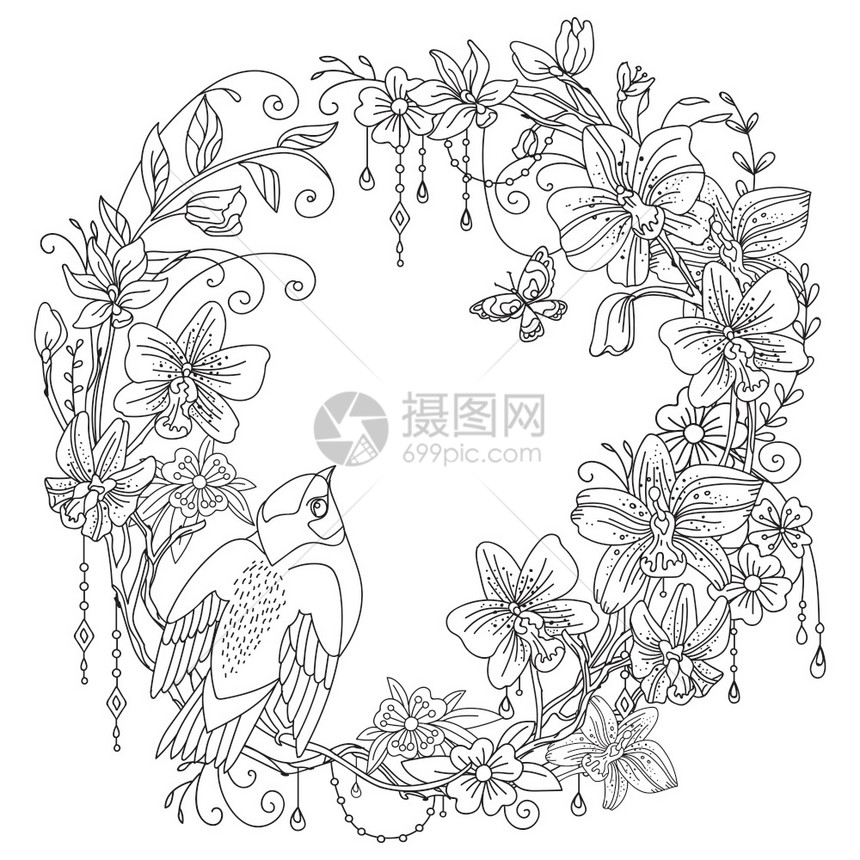 黑白线稿花环与鸟类矢量元素插画图片