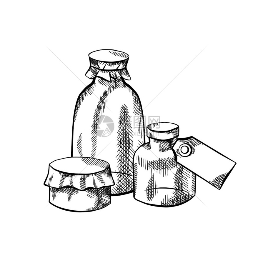 天然药房带有标签和孵化装置的泡沫瓶子和罐的草图说明医疗和药为标签卡片横幅和你的创造力而刻矢量物体保健和医药刻的矢量物体图片