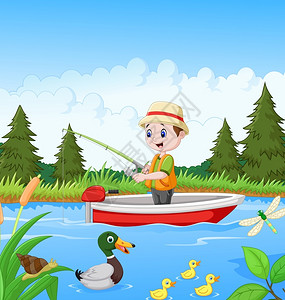 鸭子船卡通男孩在船上钓鱼插画