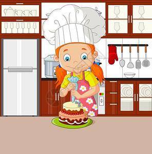 带围裙装饰蛋糕的厨女师背景图片