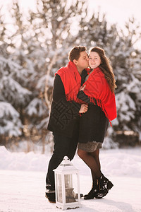 情侣在冬季的森林公园拥抱和亲吻图片