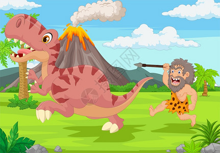 丛林狩猎追逐恐龙的卡通野人插画