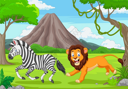 追逐猎物非洲草原上狮子正在追逐着一只斑马插画