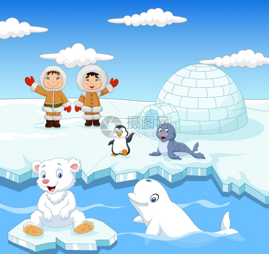 北极动物和冰屋背景的爱斯基摩小孩图片