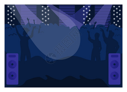 夜总会平板彩色矢量说明有趣的派对音乐活动舞台表演人们享受音乐会夜生活娱城市俱部2d卡通室内背景有舞蹈人群夜总会平板彩色矢量说明背景图片