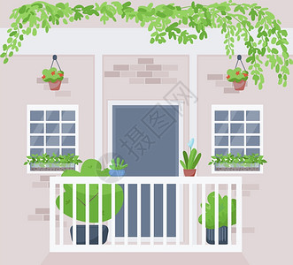阳台外建筑公寓外的陶瓷和挂室内植物家庭种2d卡通背景上挂有建筑墙插画
