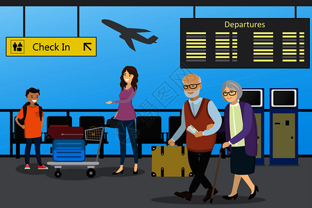 机场终点站出发区携带行李的人插画