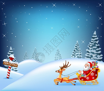 驯鹿拉雪橇快乐的圣诞老人在雪橇上插画