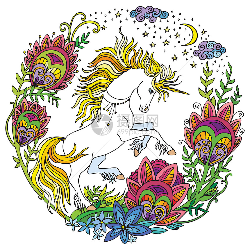 以圆形组成花朵的向量美丽独角兽白色的彩观赏插图方形boh用于t衬衫标签设计和纹身彩色的可爱独角兽带有花矢量插图图片