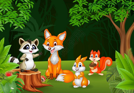 家庭松鼠丛林中的卡通野生动物插画