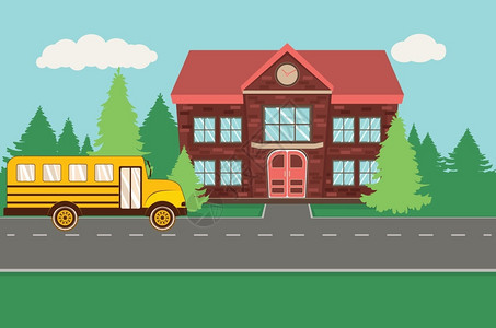 农村学校建筑和黄色公共汽车行驶插图图片