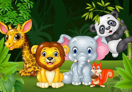 丛林中的卡通野生动物背景图片