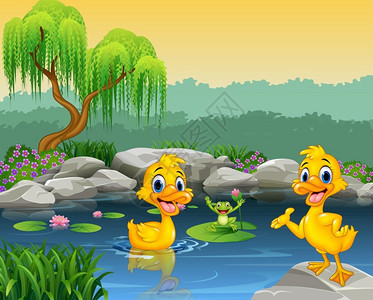 卡通可爱池塘里游泳的鸭子和青蛙背景图片