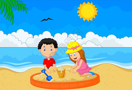 卡通儿童在海滩上玩沙子图片