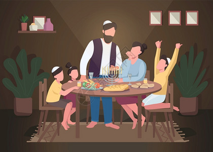 犹太人晚间父母和儿童一起聚餐矢量图插画