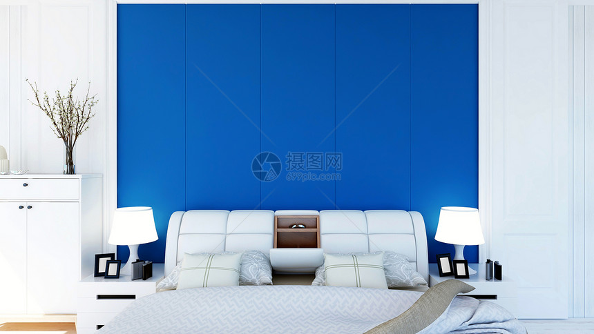 现代白色卧室内墙壁和地板上空间3D图片