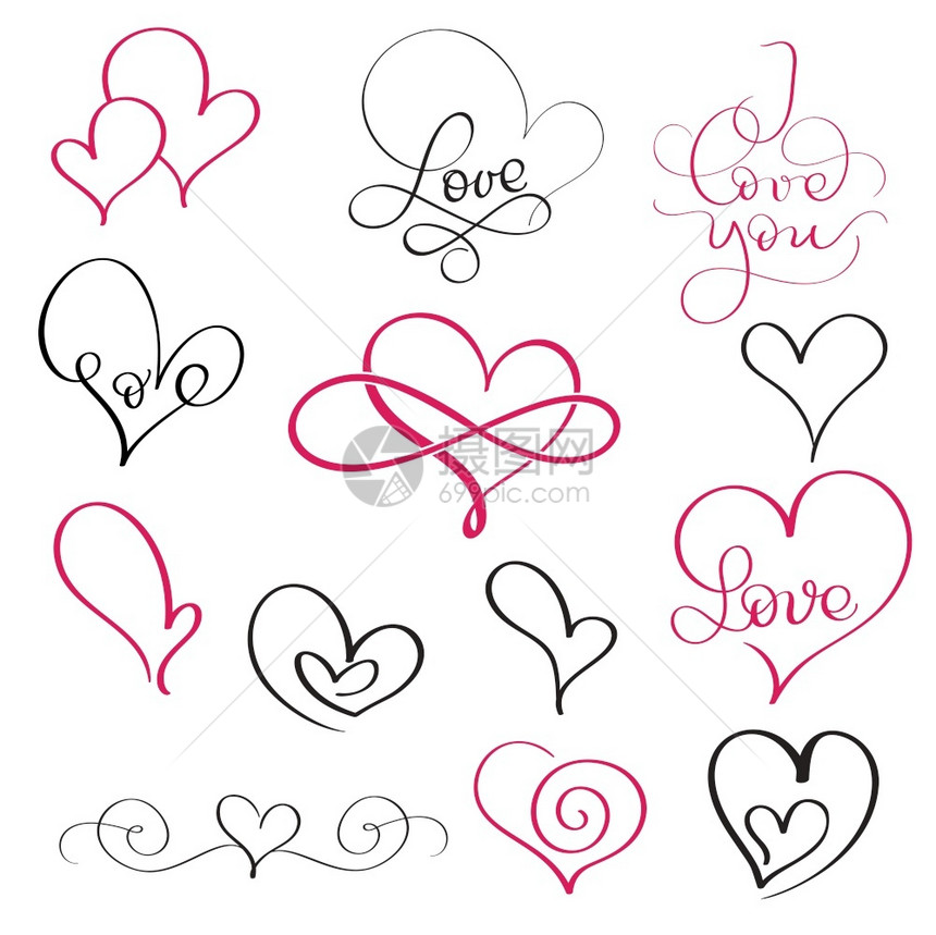一组充满活力的书法老式红心和一些带有爱字的红心插图矢量手工绘制eps10一组充满活力的书法老心和一些带有爱字的红心10图片