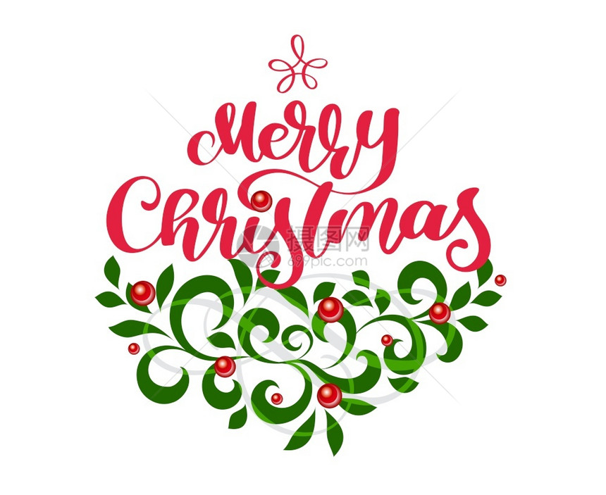 圣诞红书法写文字和古老的繁茂绿色fir树枝矢量说明圣诞快乐红书写文字和古老的绿色fir树枝矢量说明图片