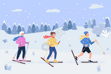 滑雪一家人在滑雪橇的一家人插画