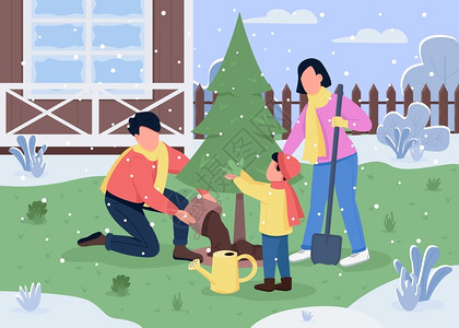 冬季父母和儿童在后院种植和松树图片