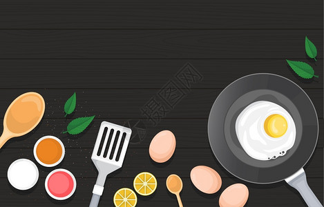 一勺子大蒜烹饪黑木桌的鸡蛋蔬菜插画