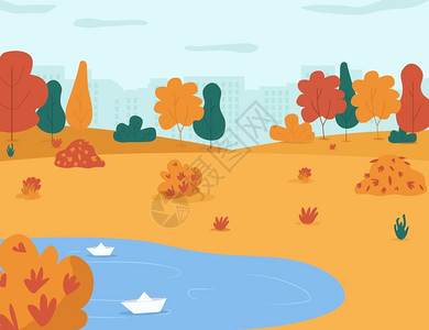 红油香椿叶秋天城市公园景观插画
