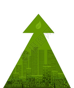 绿色上升箭头现代城市的生态增长城市化绿色箭头和叶摩天大楼的光影城市景观横幅海图人口表和设计的矢量元素插画