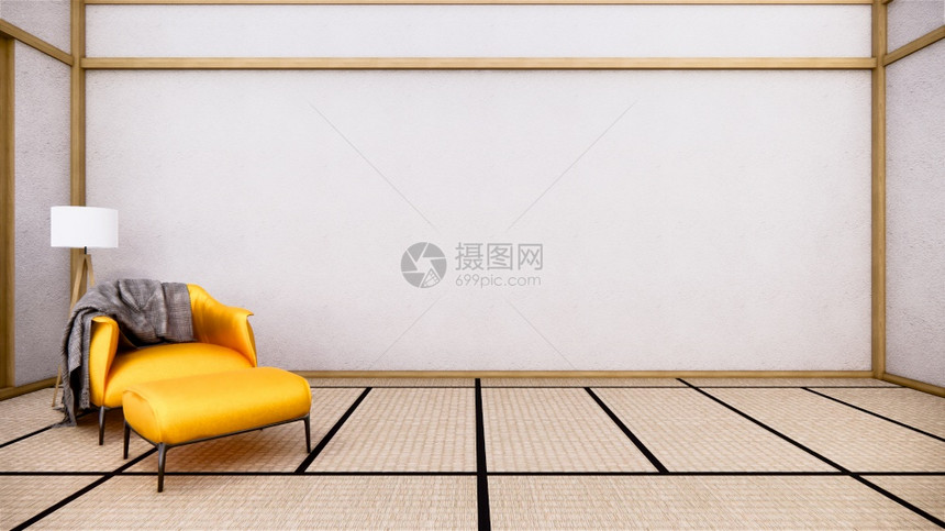 室内设计有一个手椅在空房的日本人设计3d图片
