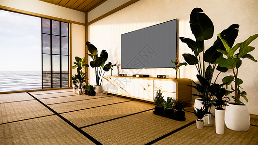 在日本客厅的Tv柜台白色墙背景的日本客厅3d图片
