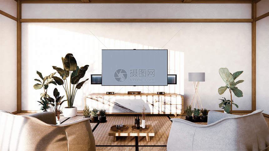 在日本客厅的沙发和内阁白墙背景3d图片