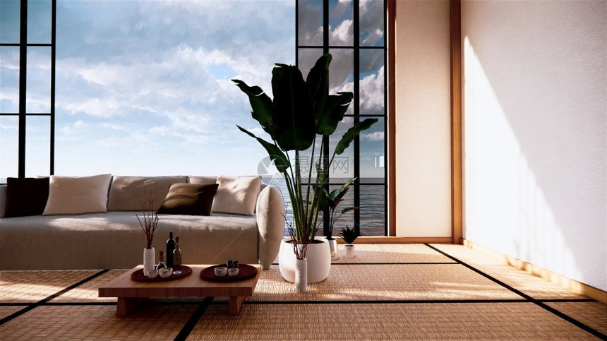 在空房的沙发上日本人设计在塔米垫上3d图片