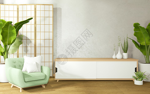白色墙壁背景的日本客厅椅子和橱柜3d图片