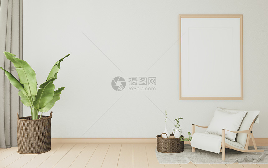 现代日本式白色房间的木制小椅子和橱柜图片
