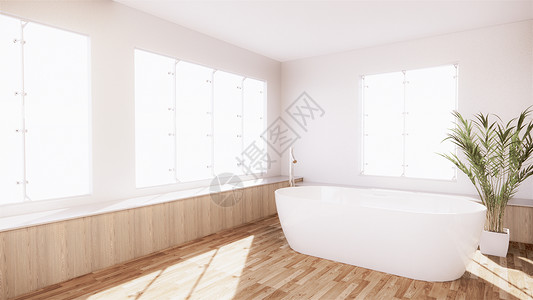 室内浴缸有墙壁白和木地板图片