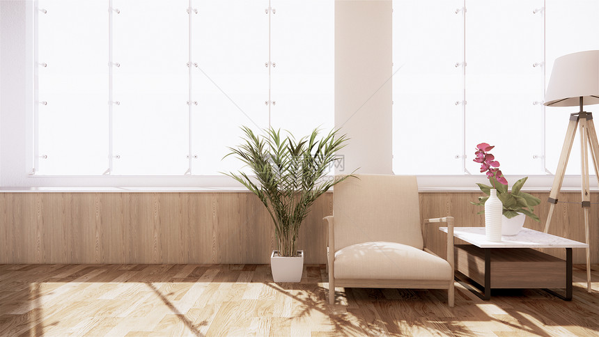 室内装饰用日本式加上现代配有扶手椅和植物装饰图片