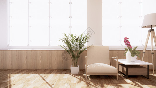 室内装饰用日本式加上现代配有扶手椅和植物装饰背景图片