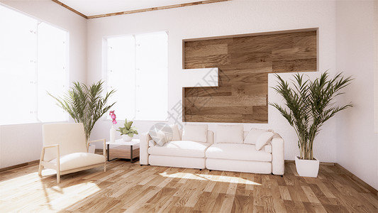 一个客厅有沙发的用最起码的白色热带风格客厅用木质谷物地板3d图片