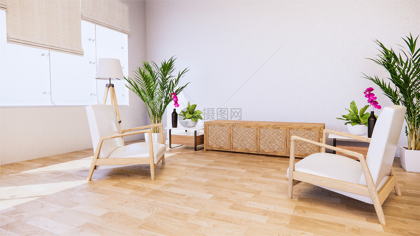白色墙最微小和zen内部的白色墙壁上椅子和电视机柜3d图片
