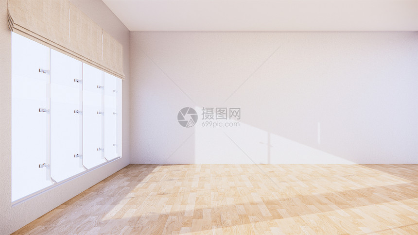 宽敞干净的白墙和有阳光干净的白墙和木质谷物地板的阳光照亮进入房间图片