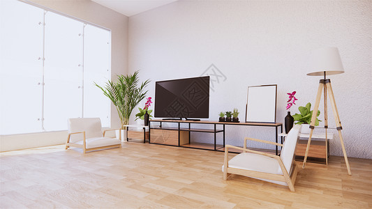 白色墙最微小和zen内部的白色墙壁上椅子和电视机柜3d背景图片