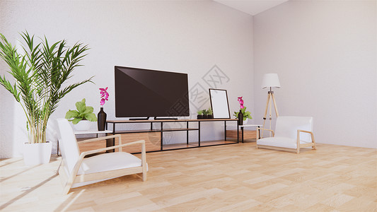 白色墙最微小和zen内部的白色墙壁上椅子和电视机柜3d背景图片