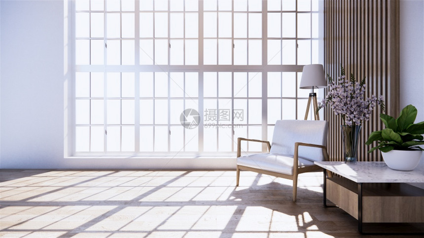 室内装饰用日本式加上现代配有扶手椅和植物装饰图片
