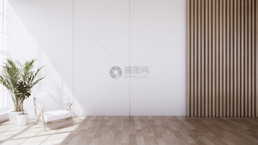 室内装饰用扶手椅打开木质谷物地板上有设计盘片图片