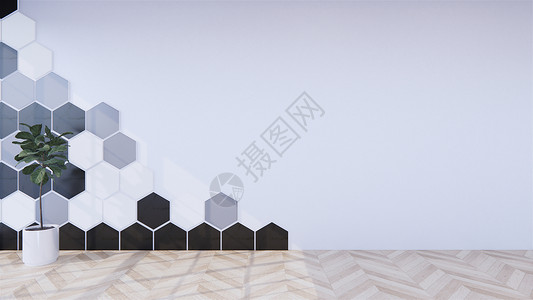 白色空房间的黑六边形瓷砖墙壁用木制室内地板设计3D图片