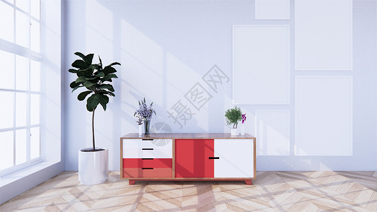 红色的柜子在zen现代空房上最小设计日本式的3D翻譯图片