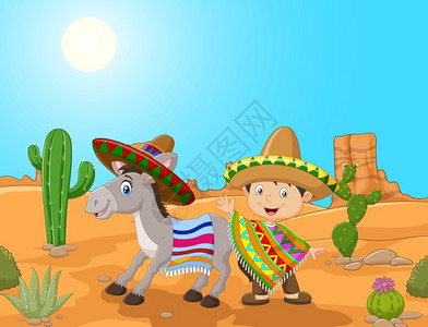 在沙漠中带着驴子的墨西哥男孩卡通矢量插画图片